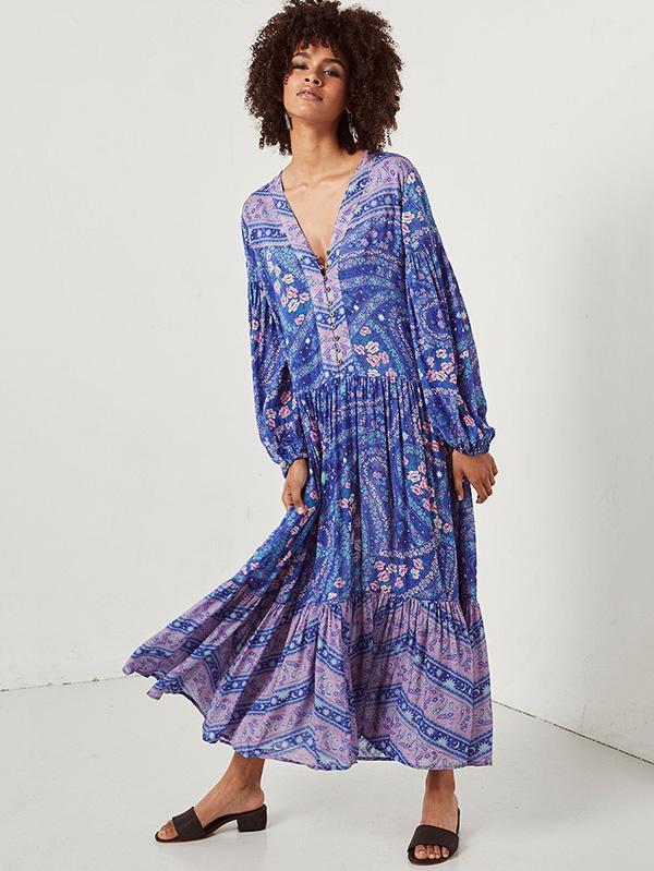 Printed V-neck Puff Sleeves Bohemia Maxi Dresses
