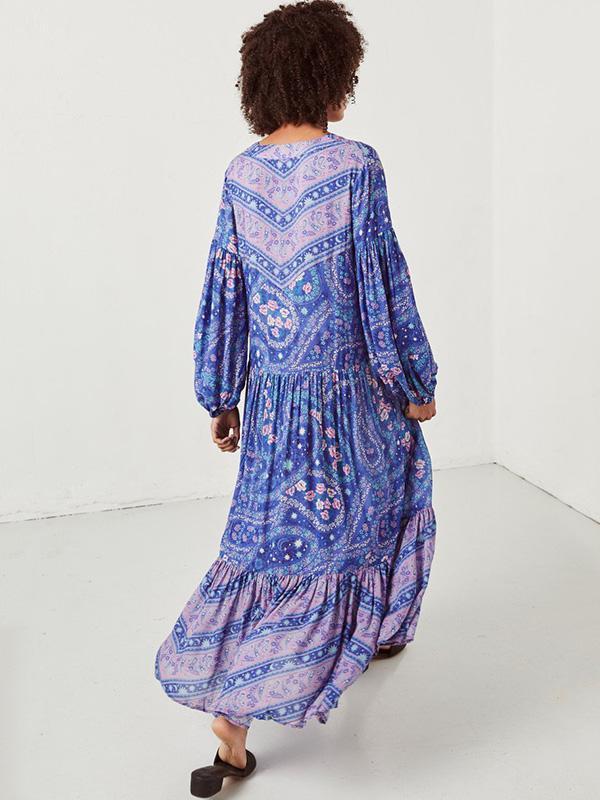 Printed V-neck Puff Sleeves Bohemia Maxi Dresses