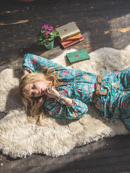 Floral Split-front Puff Sleeves Bohemia Maxi Dress
