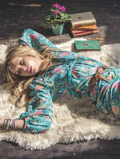 Floral Split-front Puff Sleeves Bohemia Maxi Dress