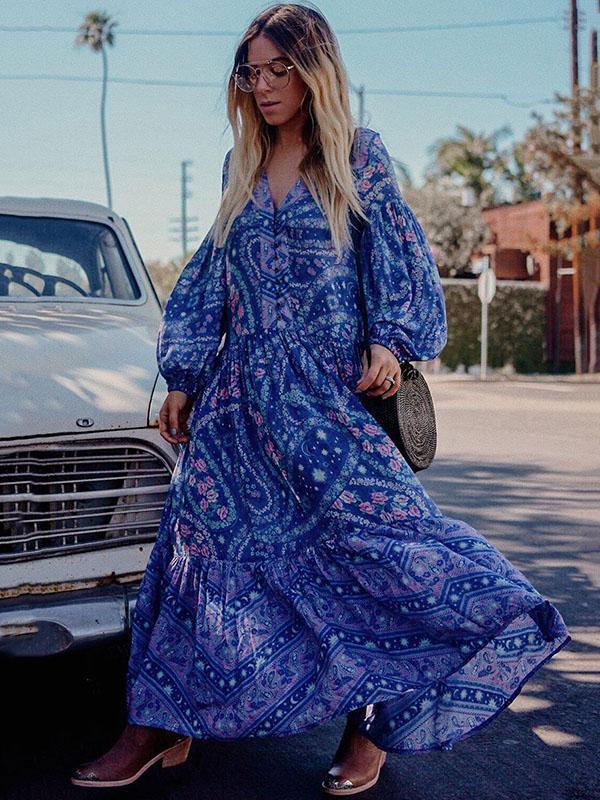 Printed V-neck Puff Sleeves Bohemia Maxi Dresses