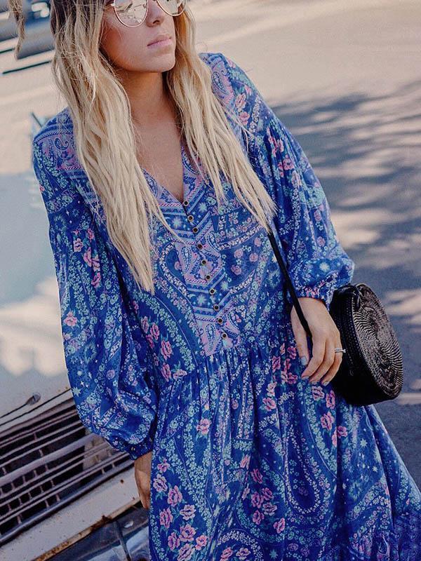 Printed V-neck Puff Sleeves Bohemia Maxi Dresses