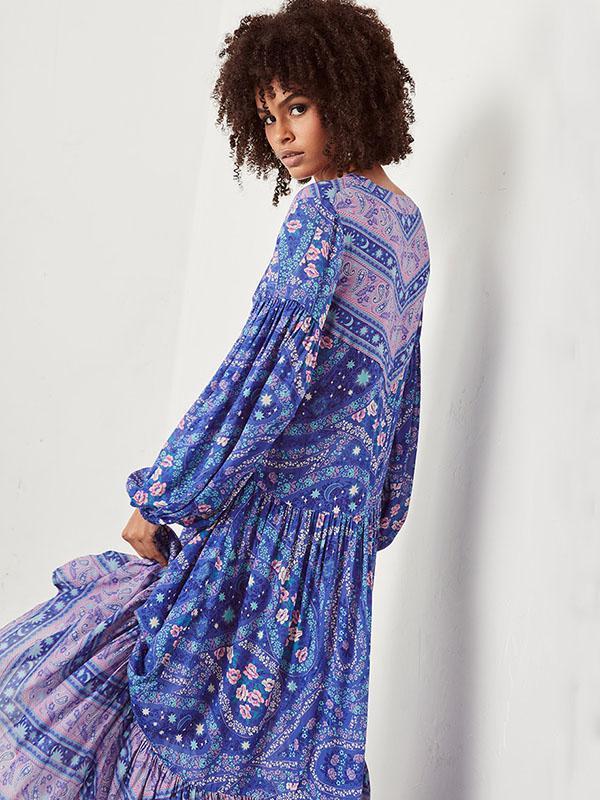 Printed V-neck Puff Sleeves Bohemia Maxi Dresses