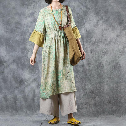 Spliced Flare Sleeve Loose Print Dress