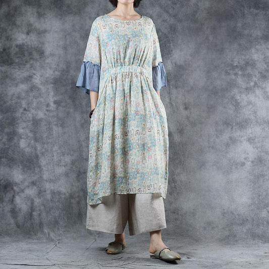 Spliced Flare Sleeve Loose Print Dress