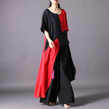 Spliced Irregular Cotton Linen Short Sleeve Blouse