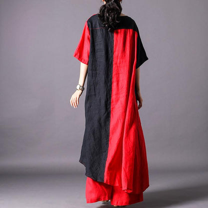Spliced Irregular Cotton Linen Short Sleeve Blouse
