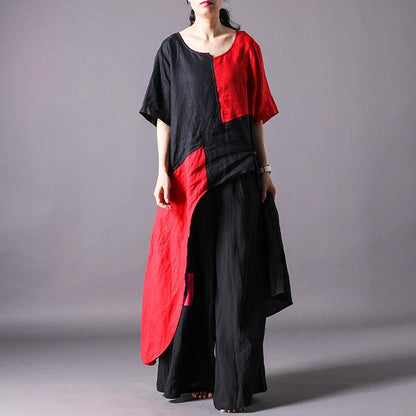 Spliced Irregular Cotton Linen Short Sleeve Blouse