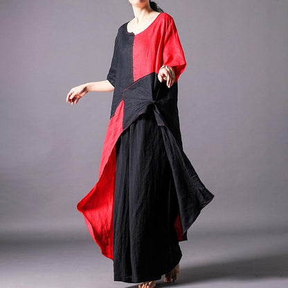 Spliced Irregular Cotton Linen Short Sleeve Blouse