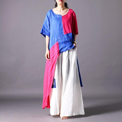 Spliced Irregular Cotton Linen Short Sleeve Blouse