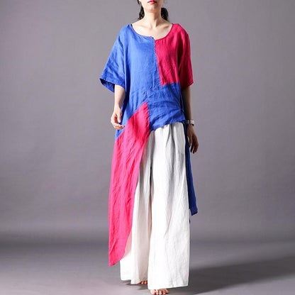 Spliced Irregular Cotton Linen Short Sleeve Blouse