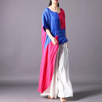 Spliced Irregular Cotton Linen Short Sleeve Blouse