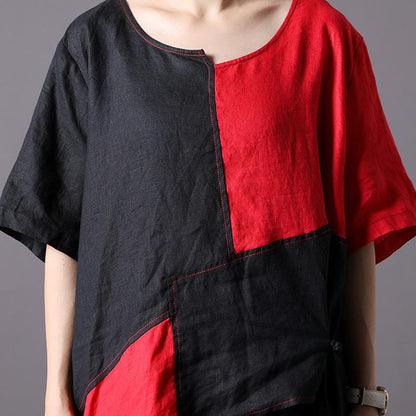 Spliced Irregular Cotton Linen Short Sleeve Blouse