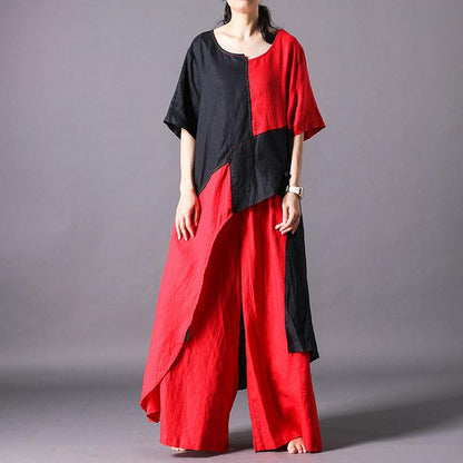 Spliced Irregular Cotton Linen Short Sleeve Blouse