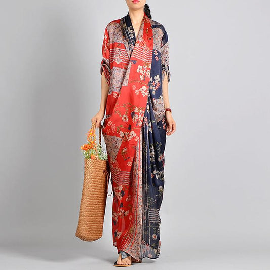 Spliced Print Vintage Tencel Women Dress S-2XL