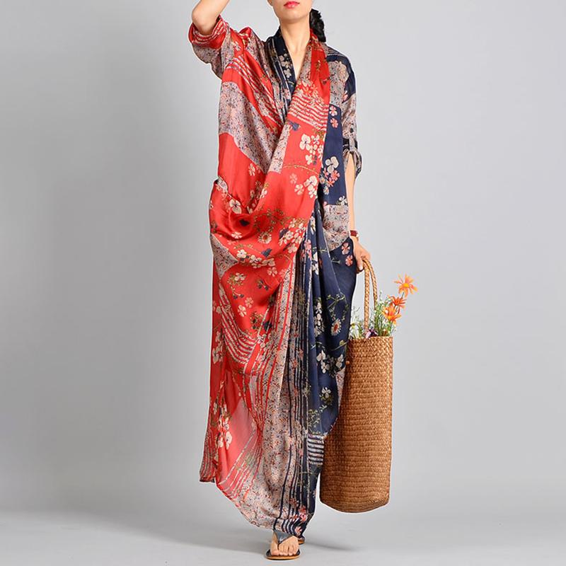 Spliced Print Vintage Tencel Women Dress S-2XL