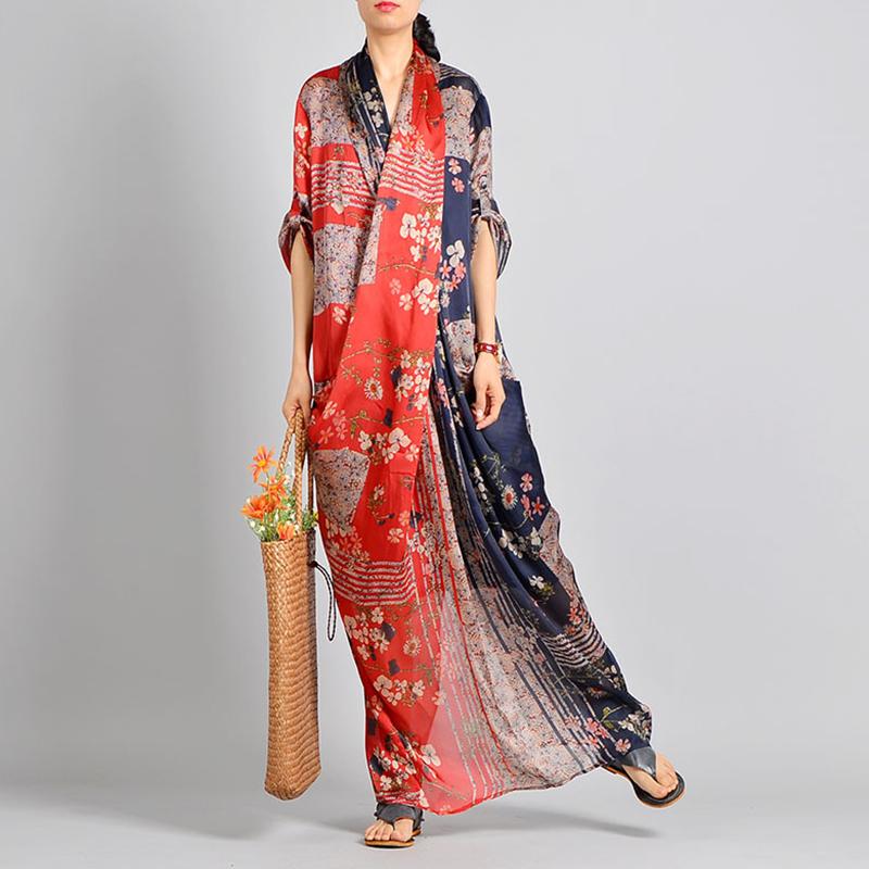 Spliced Print Vintage Tencel Women Dress S-2XL