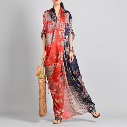 Spliced Print Vintage Tencel Women Dress S-2XL
