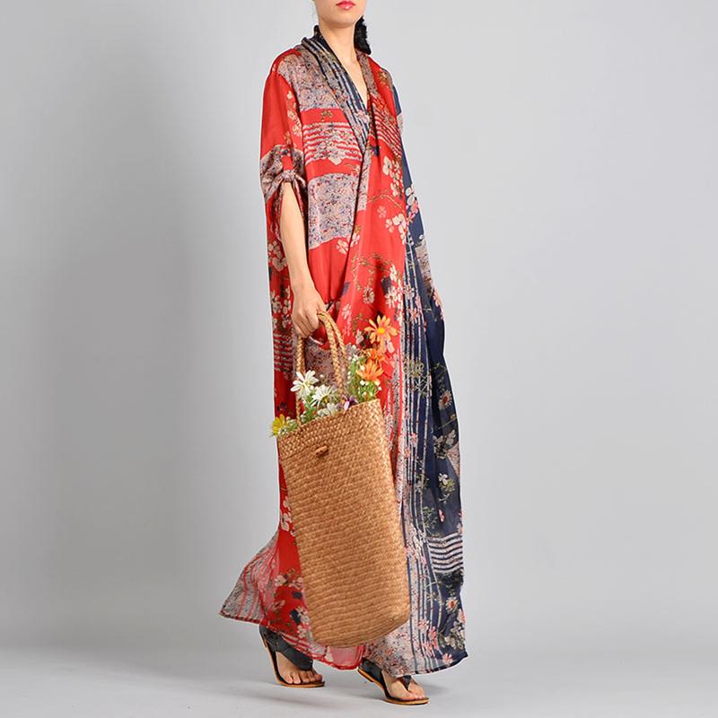 Spliced Print Vintage Tencel Women Dress S-2XL