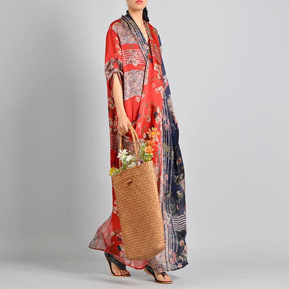 Spliced Print Vintage Tencel Women Dress S-2XL