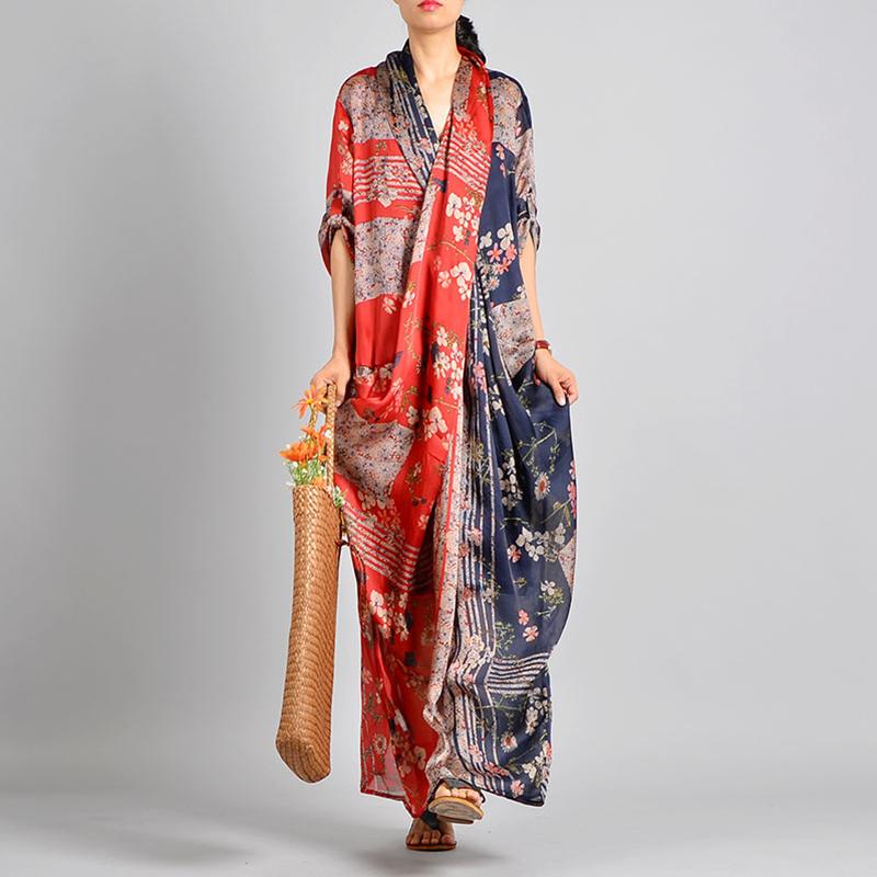 Spliced Print Vintage Tencel Women Dress S-2XL