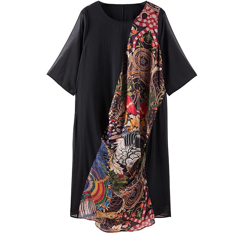 Spliced Printing Spring Loose Vintage Midi Dress