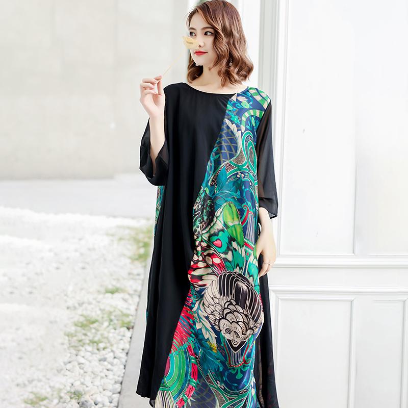 Spliced Printing Spring Loose Vintage Midi Dress