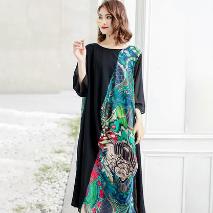 Spliced Printing Spring Loose Vintage Midi Dress