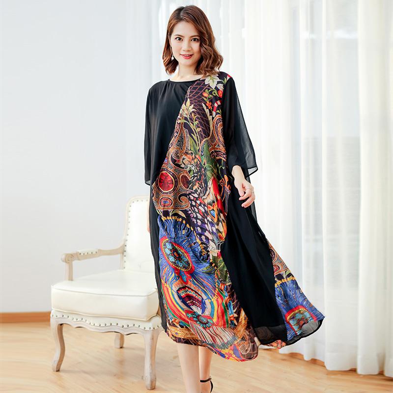 Spliced Printing Spring Loose Vintage Midi Dress