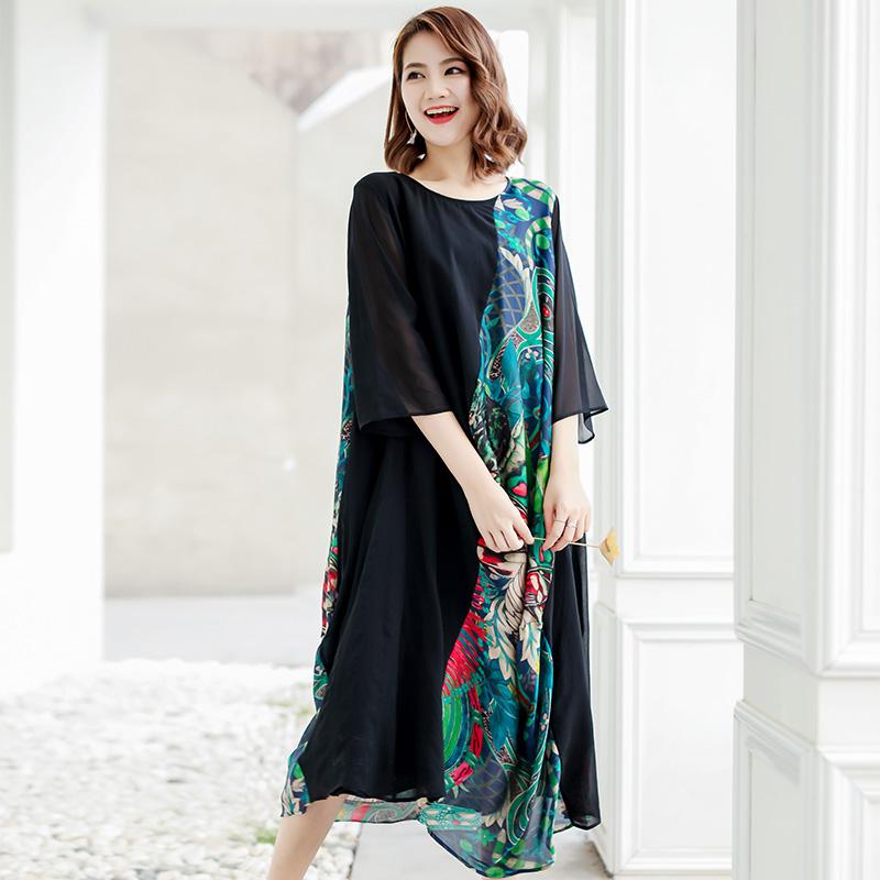 Spliced Printing Spring Loose Vintage Midi Dress