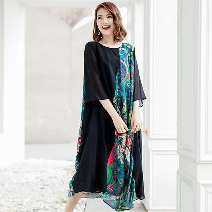 Spliced Printing Spring Loose Vintage Midi Dress