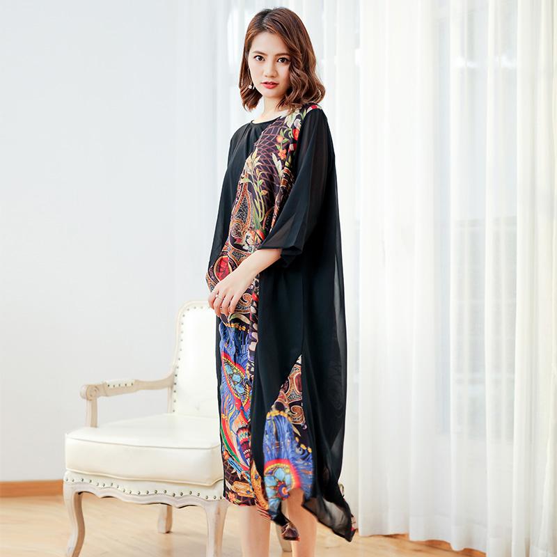 Spliced Printing Spring Loose Vintage Midi Dress