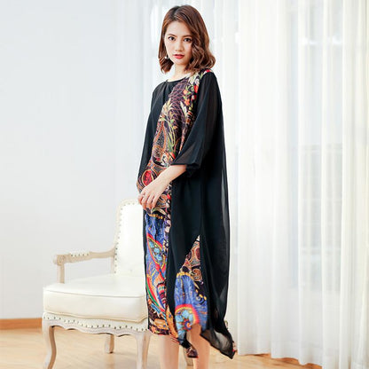 Spliced Printing Spring Loose Vintage Midi Dress