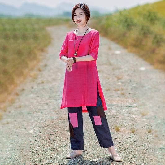 Split Casual Round Neck Long T-Shirt