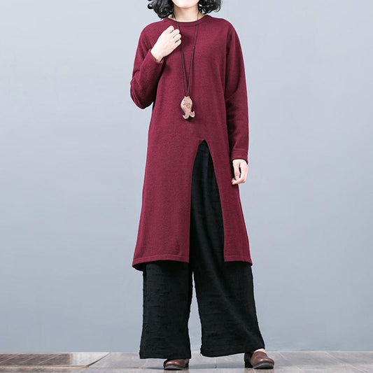 Split Hem Pure Color Round Collar Long Sweater