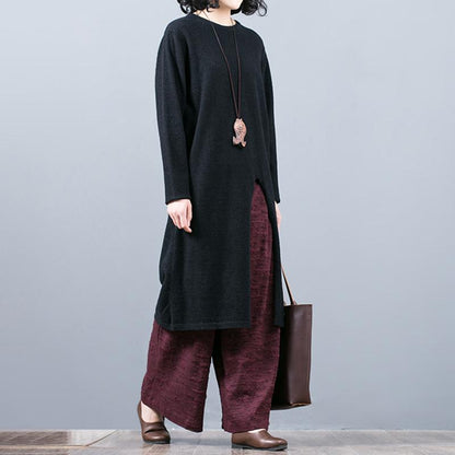 Split Hem Pure Color Round Collar Long Sweater