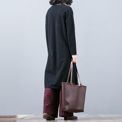Split Hem Pure Color Round Collar Long Sweater