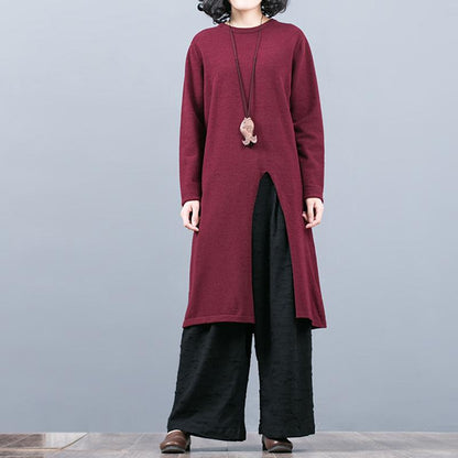 Split Hem Pure Color Round Collar Long Sweater