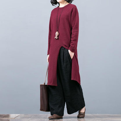 Split Hem Pure Color Round Collar Long Sweater