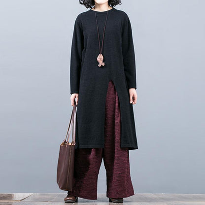 Split Hem Pure Color Round Collar Long Sweater