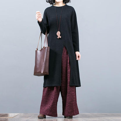 Split Hem Pure Color Round Collar Long Sweater