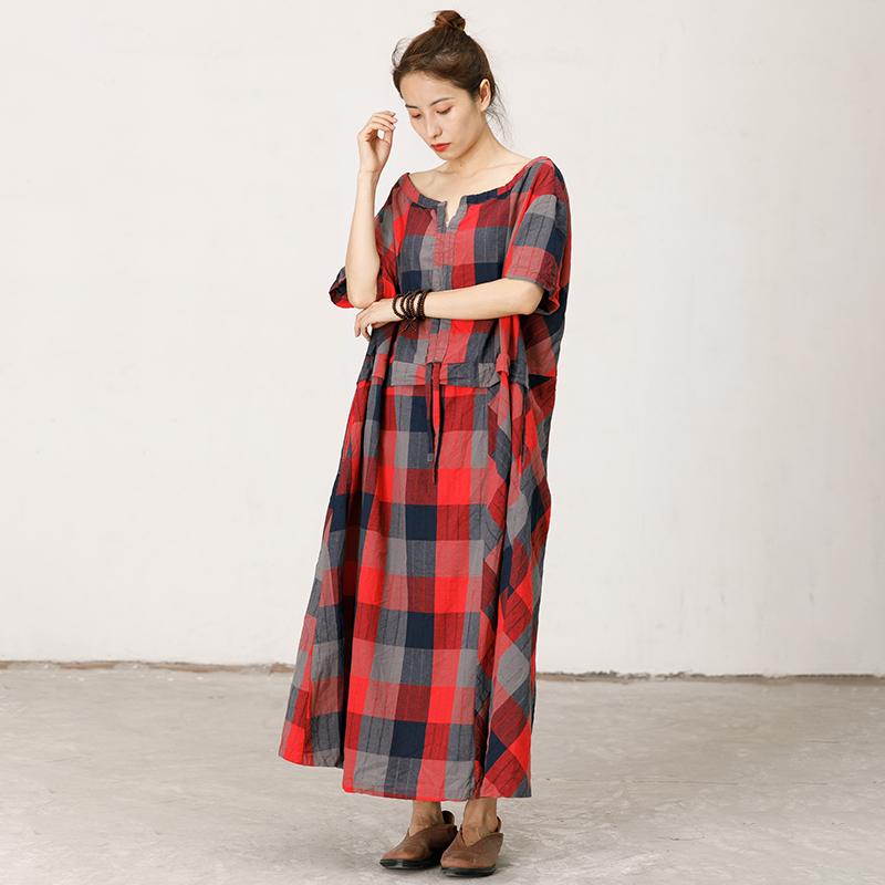 Split Neck Plaid Loose Comfortable Dress