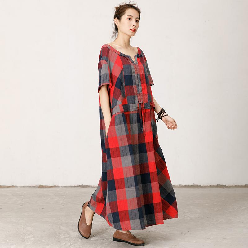 Split Neck Plaid Loose Comfortable Dress