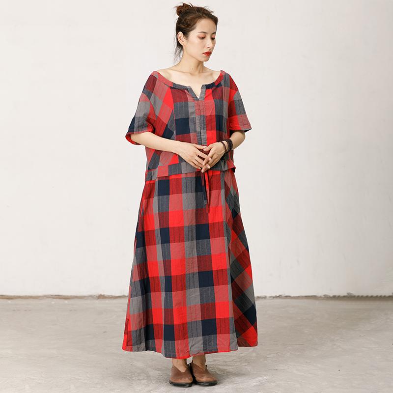 Split Neck Plaid Loose Comfortable Dress
