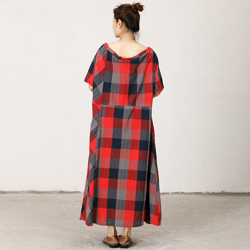 Split Neck Plaid Loose Comfortable Dress