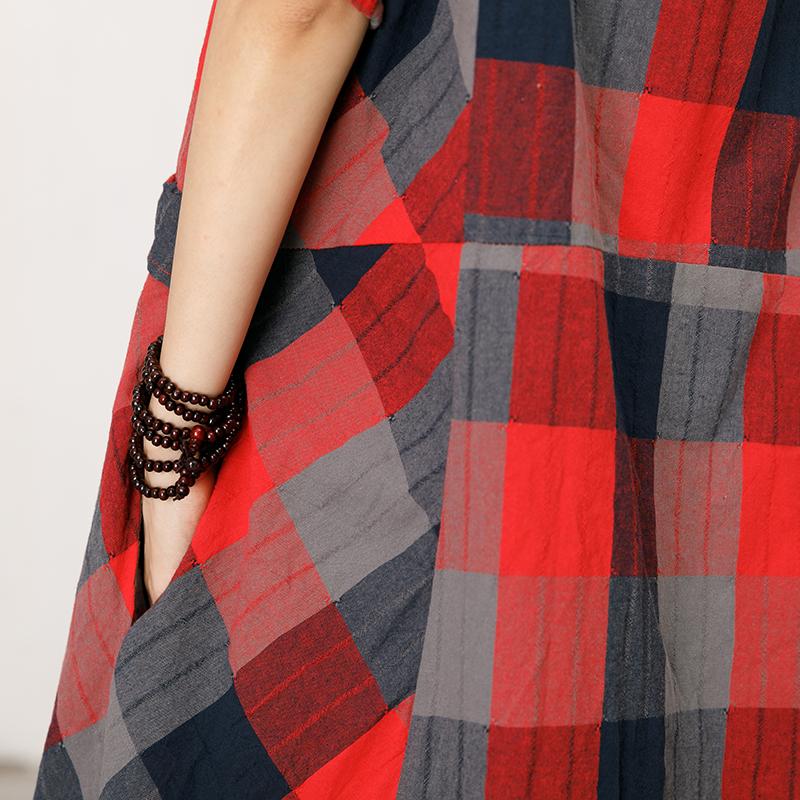 Split Neck Plaid Loose Comfortable Dress