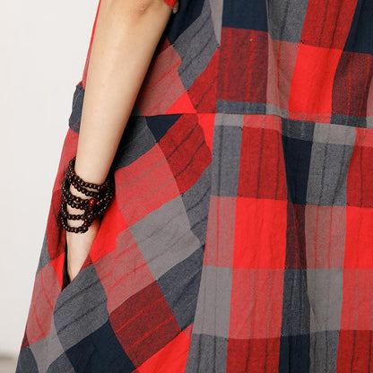 Split Neck Plaid Loose Comfortable Dress