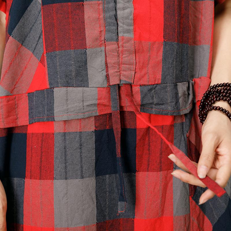 Split Neck Plaid Loose Comfortable Dress