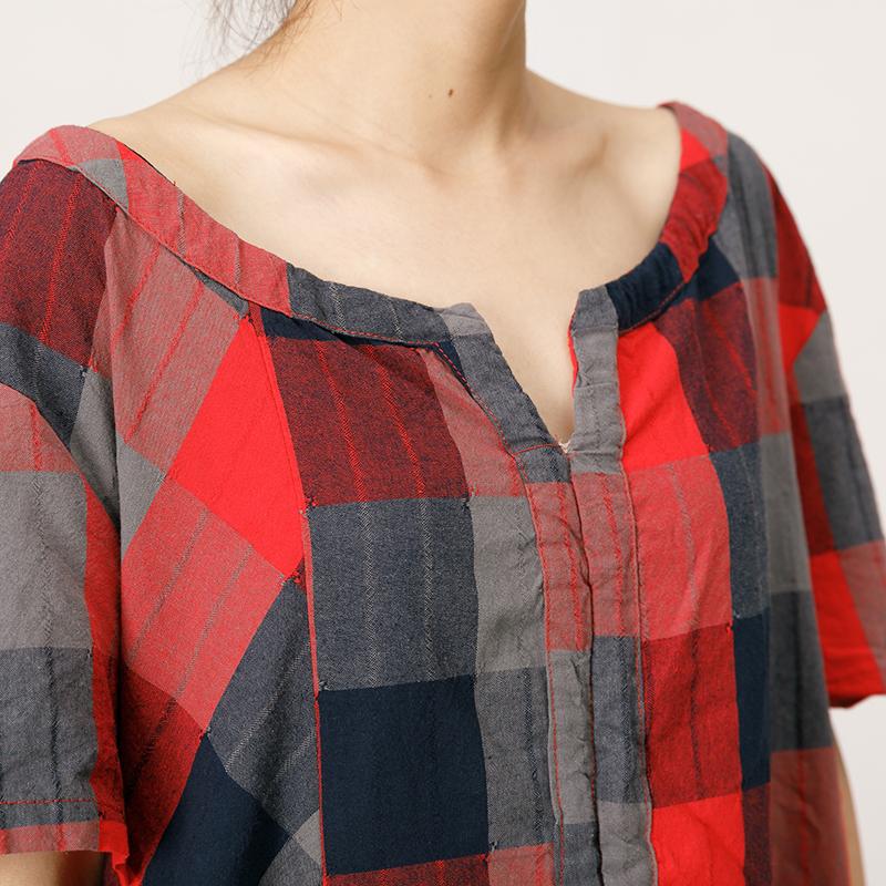 Split Neck Plaid Loose Comfortable Dress