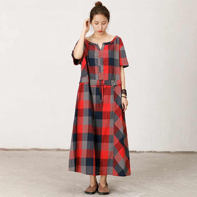 Split Neck Plaid Loose Comfortable Dress